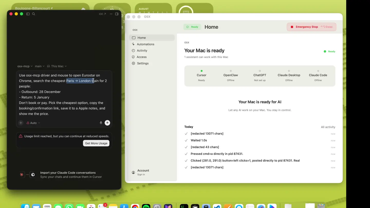 A prompt typed in Cursor next to the Moosh home screen listing connected assistants