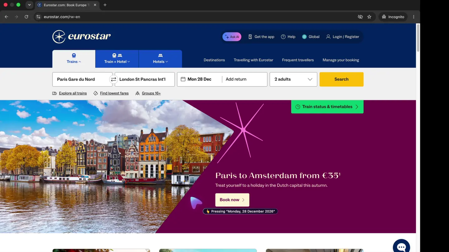 Moosh moving the pointer through a date picker on the Eurostar website